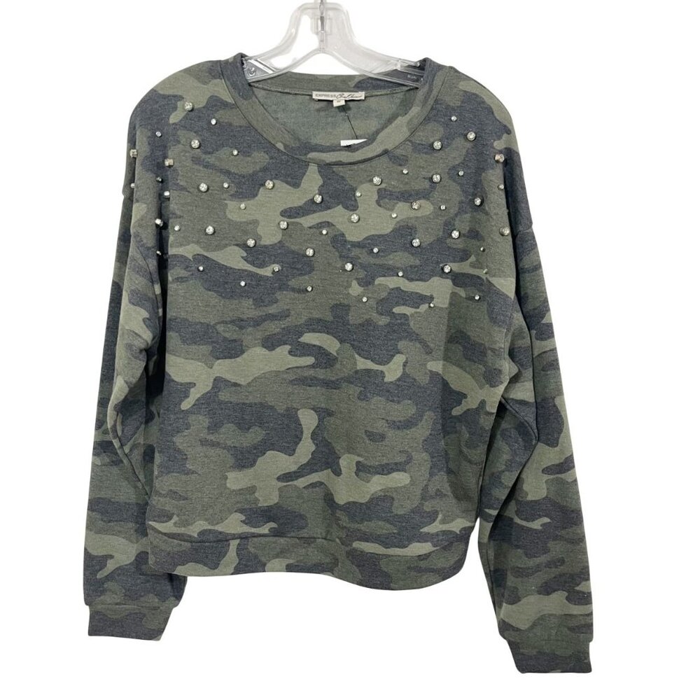 NEW Express Green Camo Print Rhinestone Crewneck Sweatshirt - Size XS